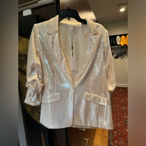 Cinq a Sept 'Kimmi' Ruched 3/4-Sleeve Sequin Blazer, Alabaster - Picture 5 of 9